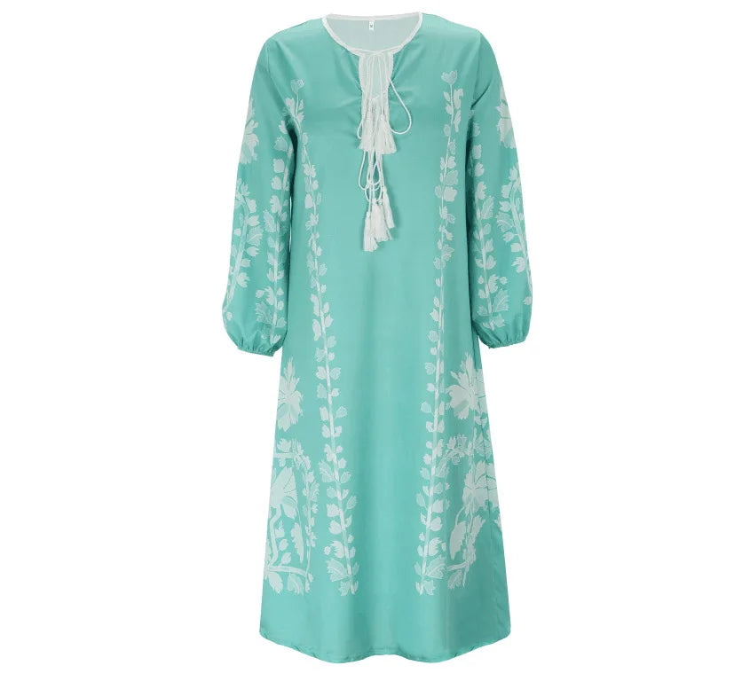 Boho Elegant Print MooMoo Dress For Women | Loose Luxury MooMoo V Neck |  Lace Up Big Hem MooMoo Dresses 2025|  Fashion New Lady MooMoo Robe